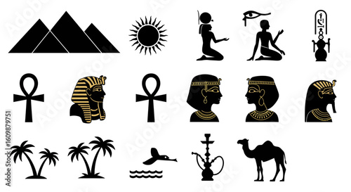 Ancient Egyptian Symbols of Power Mythology and Daily Life Including Pyramids Pharaohs Ankhs Palm Trees and Camels Illustrating Rich Cultural Heritage