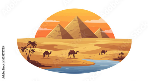 Majestic Egyptian pyramids rise from golden desert sands under a warm sunset sky, with camels and palm trees gracing a tranquil oasis riverbank, evoking adventure and ancient wonder
