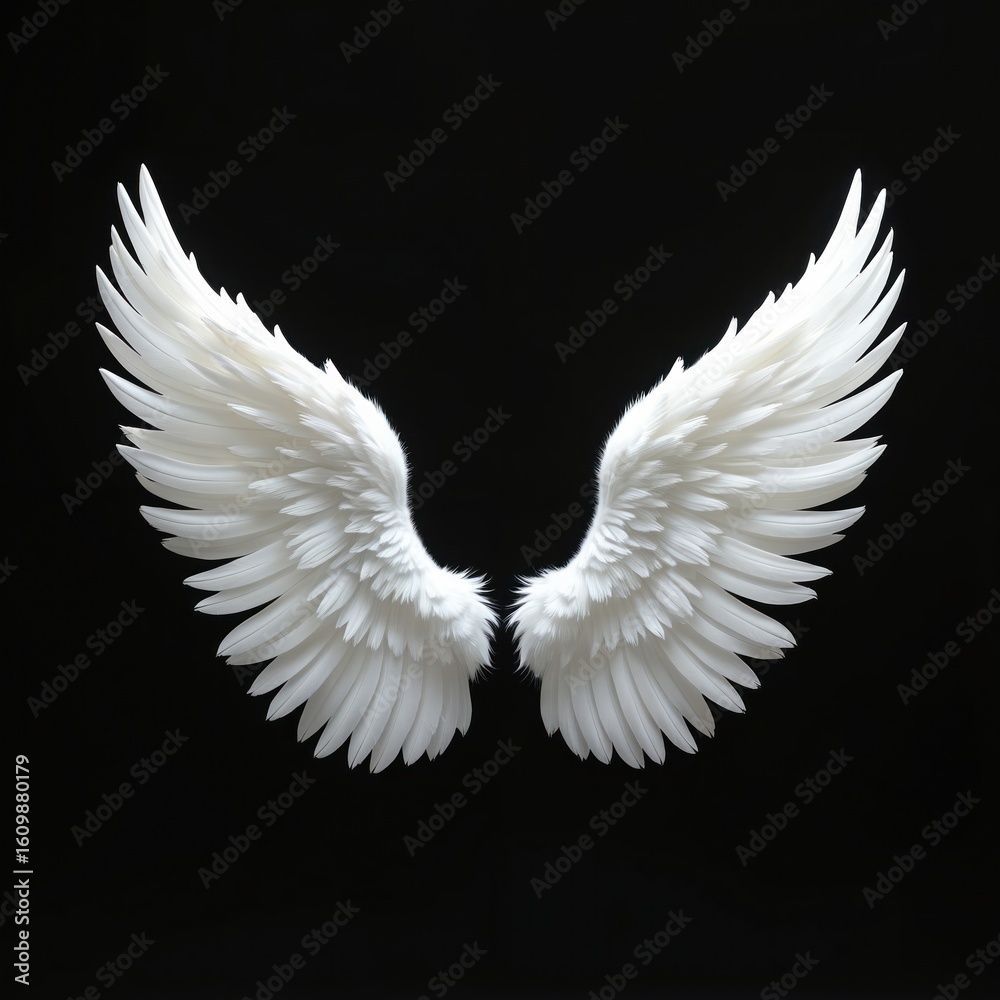 Fototapeta premium Pair of detailed white angel wings isolated on stark black background. Delicate feathers create sense of divine protection, heavenly grace. Graphic element for design, hope, faith, freedom.