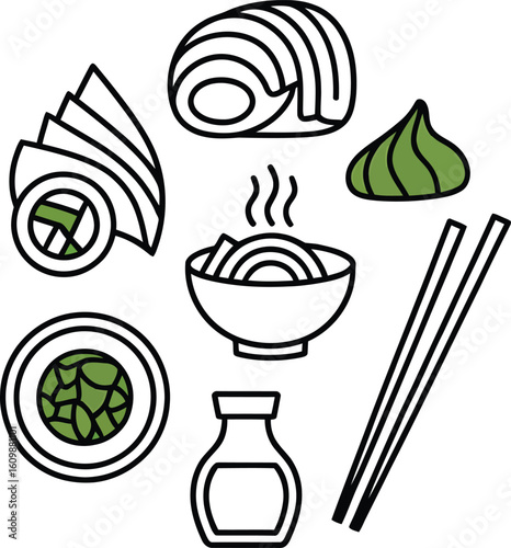 Japanese food icons set featuring sushi ramen wasabi soy sauce and chopsticks