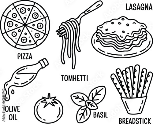 Hand drawn italian food icons featuring pizza pasta lasagna and more