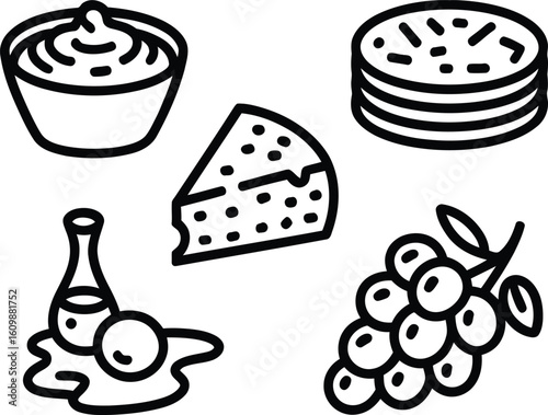 Simple line art icons of cheese dip grapes and oil bottle