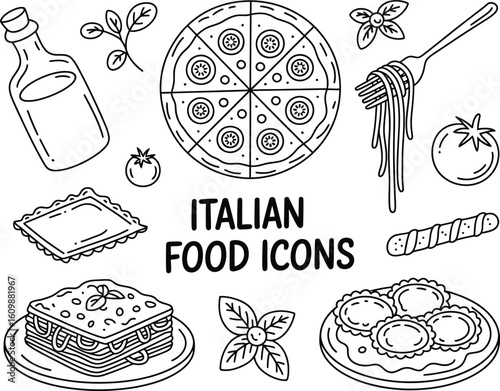 Hand drawn italian food icons featuring pizza pasta lasagna and more