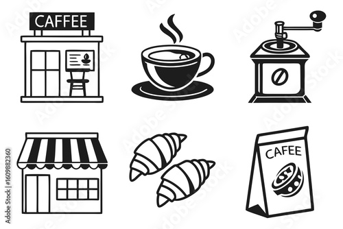 Coffee Shop Icons Cafe Coffee Cup Grinder Croissants Bag.