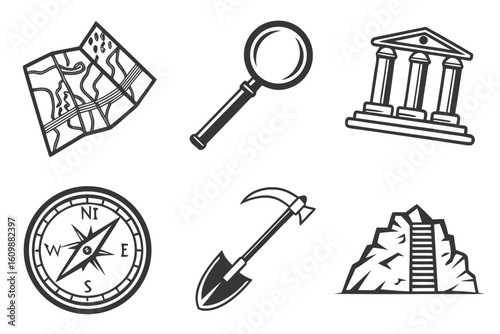 Collection of Archaeological and Exploration Icons.