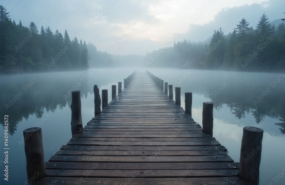 Obraz premium Rustic wooden dock extends into misty water under overcast sky. Soft light creates peaceful evening atmosphere. Tranquil lake scene with fog-shrouded trees reflecting on calm surface.