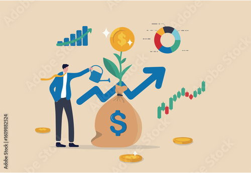 Investment growth, growing money to earn profit from savings, increase wealth from stock market or trading, mutual fund or assets concept, businessman watering grow money with rising financial chart