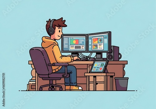 A cartoon graphic of a young person working on multiple computer monitors, likely graphic design or digital art.