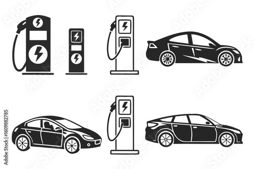 Electric Vehicle Charging Stations and Cars Icon Set.