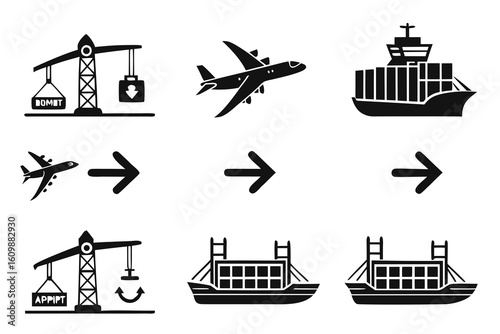 Global Logistics and Transportation Methods Icons.