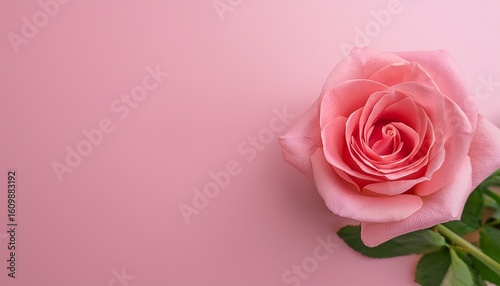 simple flat lay of a single pink rose on a pink background ideal for romantic themes and elegant floral designs