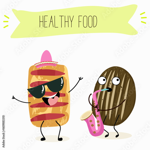 Baked food funny characters, hand drawn vector illustration.