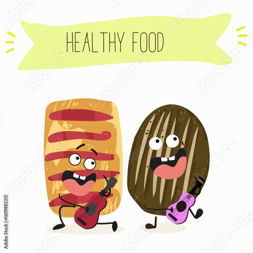 Baked food funny characters, hand drawn vector illustration.