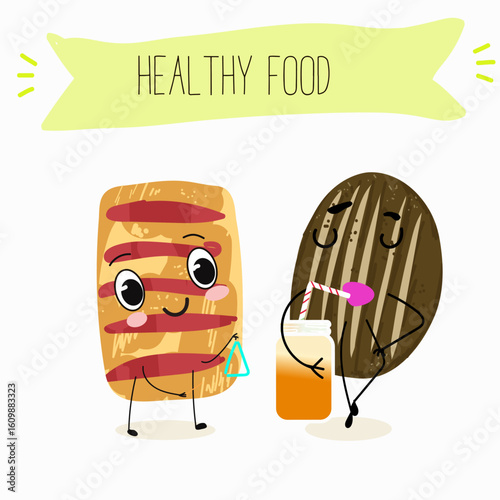 Baked food funny characters, hand drawn vector illustration.