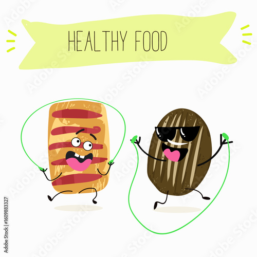 Baked food funny characters, hand drawn vector illustration.