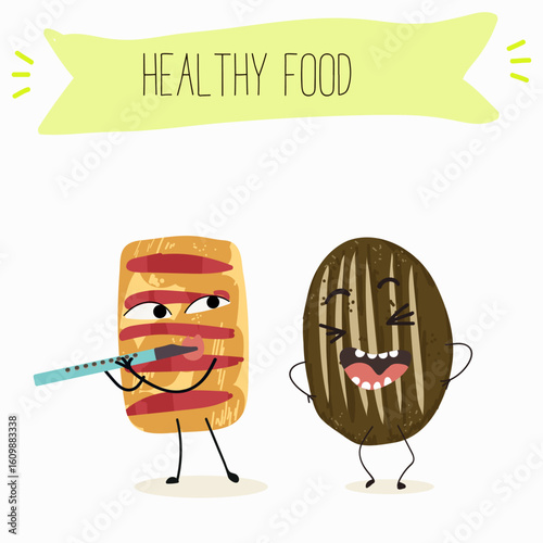 Baked food funny characters, hand drawn vector illustration.