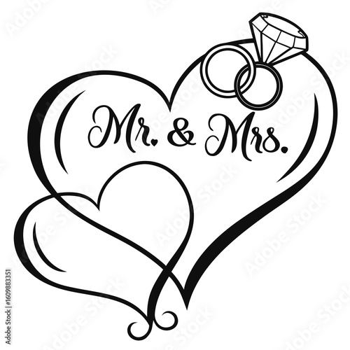 Mr and mrs wedding rings heart vector design for love and marriage celebration invitation and decoration