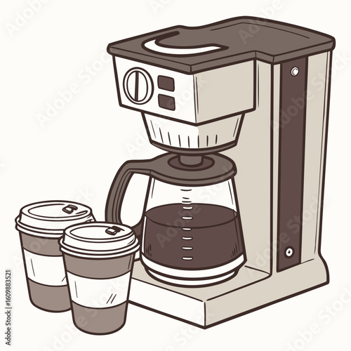 Illustration of coffee maker with coffee cups for morning coffee routine and coffee break time concept