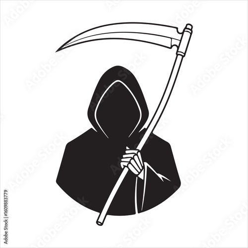 Grim Reaper holding scythe black and white illustration