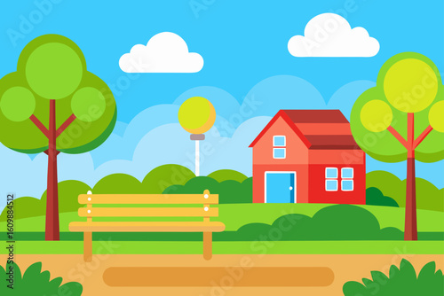 Summer landscape with a charming house on a green hill, featuring a bright sky and lush trees, perfect for a rural village illustration