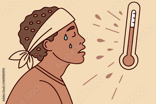 Sweaty man experiencing extreme heat looking at high temperature thermometer modern flat illustration style