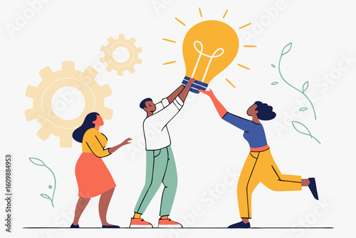 Creative team collaboration uniting people to hold up a bright idea bulb for innovation modern flat illustration style