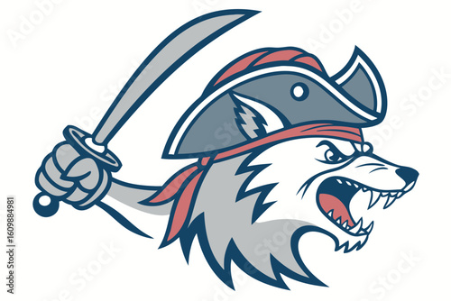Fierce wolf pirate ready for adventure on high seas with cutlass and eyepatch modern flat illustration style