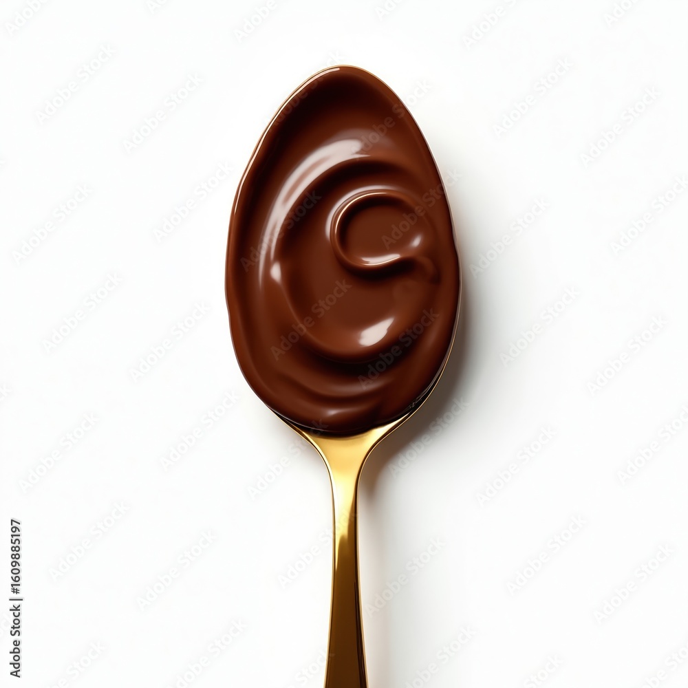 Obraz premium Golden spoon holds rich chocolate spread. Creamy cocoa paste swirls on shiny surface. Delicious sweet dessert treat, isolated closeup on white background. Tempting indulgence, glossy luxury food item.