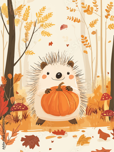 Cute hedgehog holding a pumpkin in a cozy autumn forest, ideal for nursery wall decor and seasonal kids' room printable