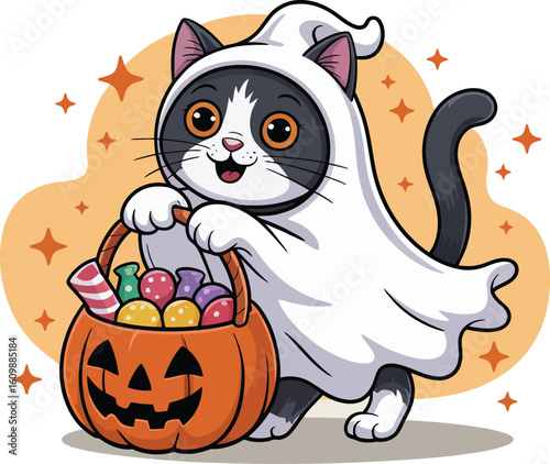Cute cartoon kitten illustration: A happy feline animal character playing with a pumpkin