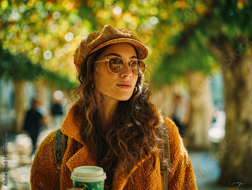 autumn street style portrait of young woman, fashionable trench coat with coffee, city vibes