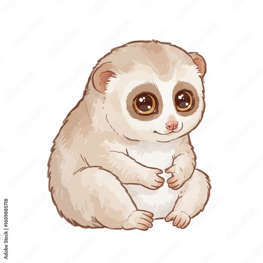 Obraz premium Cute Cartoon Baby Slow Loris Illustration Adorable Primate with Big Eyes Sitting