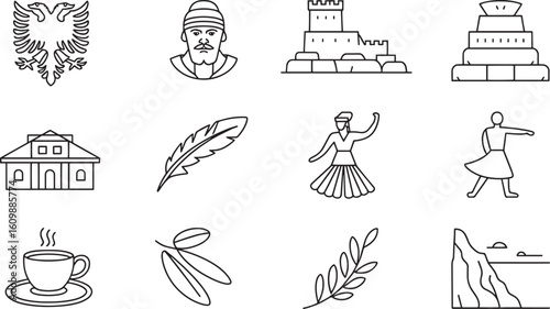 Albanian Cultural Heritage Icons Set Outline Style National Symbols Landmarks and Traditions