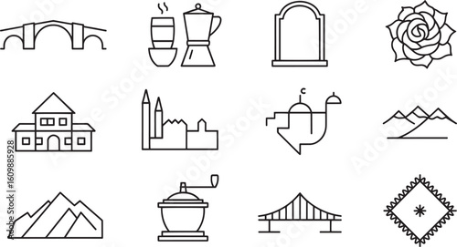 Tableau sur toile Bosnian Landmarks and Cultural Symbols Line Art Vector Illustration Set for Tour