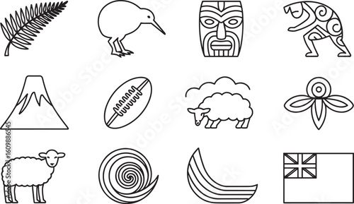 Iconic New Zealand Symbols Fern Frond Kiwi Bird Maori Mask Haka Rugby Ball Sheep Flag Vector