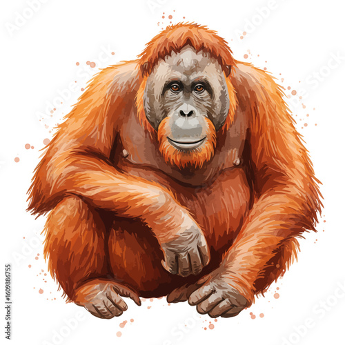 Vibrant Orangutan Digital Art Illustration Primate Wildlife Animal Sitting Isolated