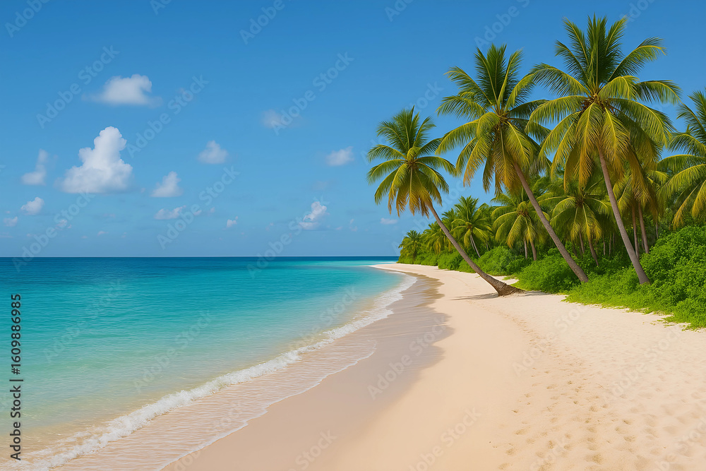 Tropical Beach Paradise: A serene tropical beach scene unfolds, where powdery sands meet crystal-clear turquoise waters under a vast azure sky. Palm trees line the shore. Tropical Beach Paradise: A serene tropical beach scene unfolds, where powdery sands meet crystal-clear turquoise waters under a vast azure sky. Palm trees line the shore.