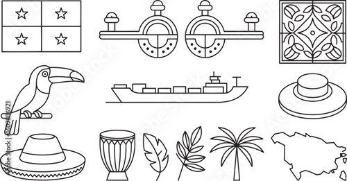 Panama Icon Set Line Art Illustration Featuring Flag, Locks, Ship, Toucan, Hat, Drum, Leaves