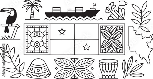 Panamanian Culture Icons Line Art Vector Illustration Set Representing National Heritage