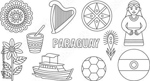 Paraguay Culture Outline Icons Set National Symbols Landmarks Traditional Elements Vector Illustration