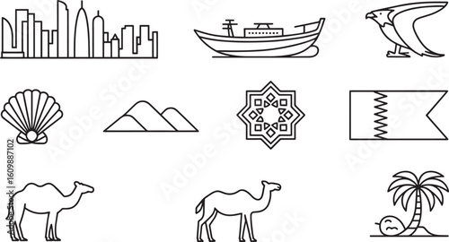 Qatar Landmarks and Symbols Line Art Illustration Featuring Iconic Elements of the Country