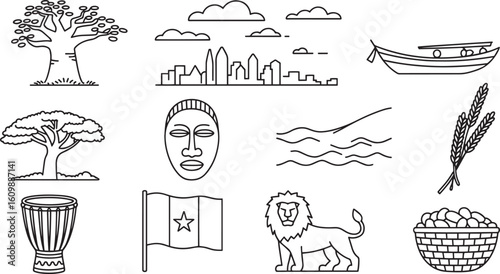 Senegal Culture Icons Set Outlined Tree, Skyline, Boat, Mask, River, Wheat, Drum, Flag, Lion