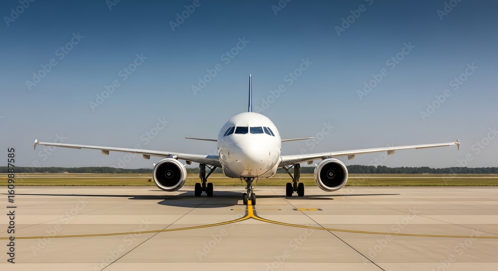 Obraz premium Front view of a white passenger jet airplane on a tarmac.