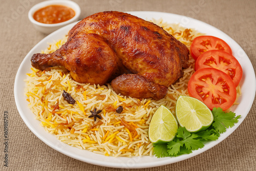 delicious chicken mandi tandoor dish. mandi is a yemeni dish which consists of meat and rice in a unique mix of spices and cooked in an underground oven. stock photo