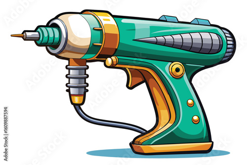 Retro Ray Gun Cartoon Illustration in Green and Gold with Classic Science Fiction Aesthetic and Bold Outlines
