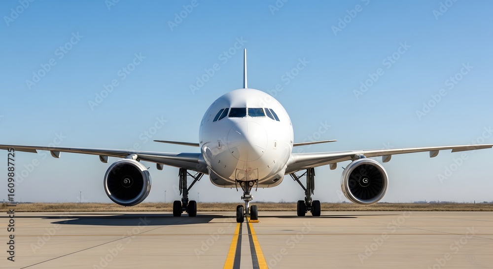 Naklejka premium Front View of a Pristine White Passenger Airplane on a Runway.