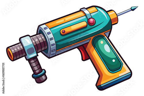 Retro Ray Gun Cartoon Illustration in Green and Gold with Classic Science Fiction Aesthetic and Bold Outlines