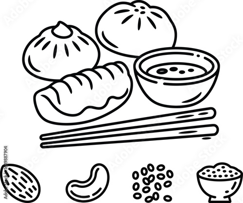 Hand drawn outline illustration of asian dumplings and ingredients