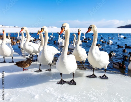 White swans on icy lake shore.  Many birds, ducks, and swans on a frozen body of water under a clear blue sky