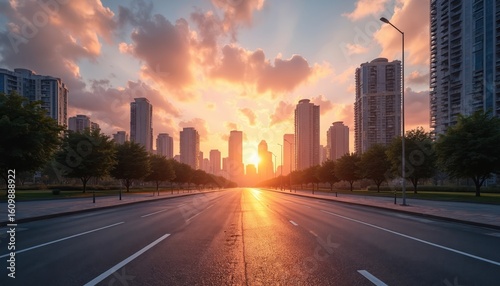 Urban cityscape at sunrise with modern skyscrapers lining an empty asphalt road. Sunbeams reflect off wet pavement. Lush trees border the street. Dramatic clouds fill the sky.